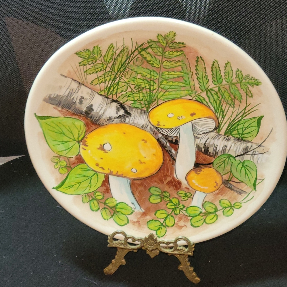 Vintage Hand Painted with Mushrooms Signed Porcelain Plate